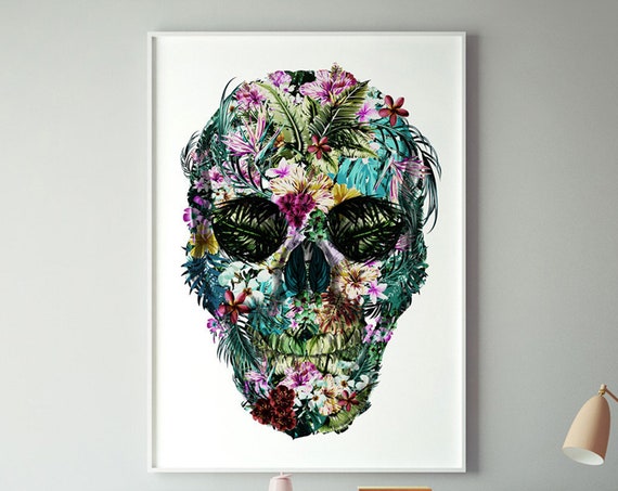 Tropical Skull Art Print, Vintage Floral Sugar
