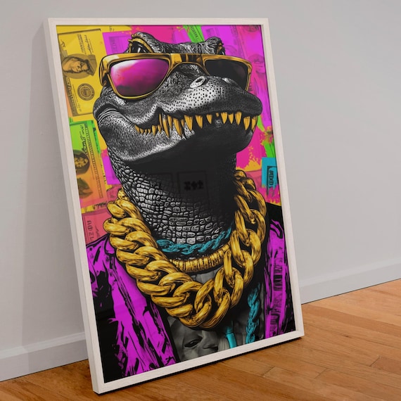 Gold Chain Alligator Sunglasses Neon Street Art Hip Hop Animal Poster