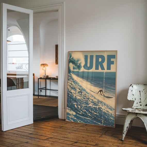 Retro Surf Ocean Wave Rider Blue Vintage Beach Coast Style Poster