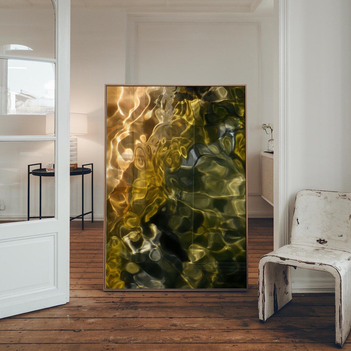 Shimmering Gold and Green Water Ripple Abstract Photo Poster