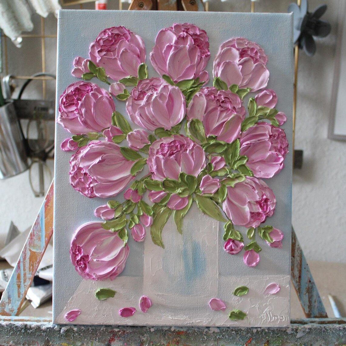 Pink Peonies Impasto Custom Oil Painting Art Print - Image 4