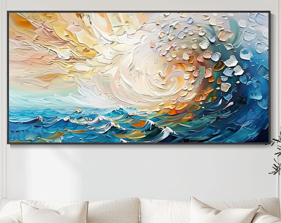 Blue Ocean Wave Sunset Swirling Textured Seascape Panoramic Poster
