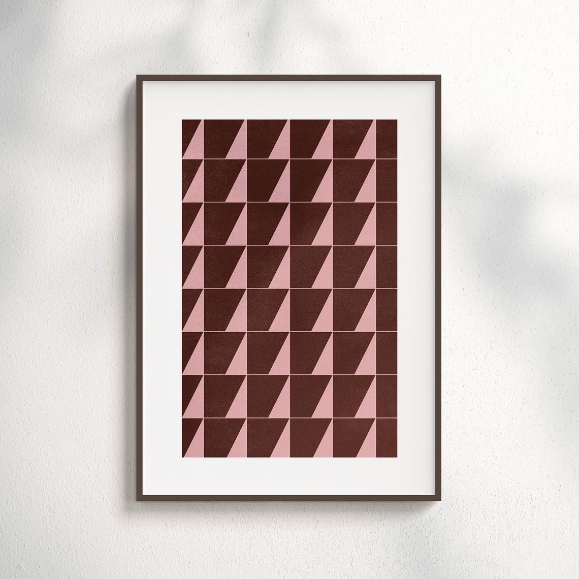 Burgundy Pink Geometric Triangle Grid Mid Century Art Poster