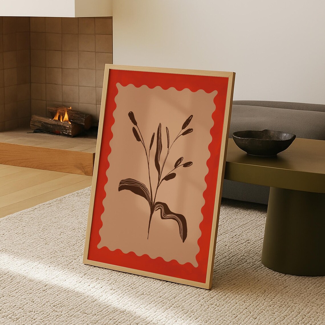 Botanical Line Art Poster Terracotta And Taupe Artwork Minimalist Floral Illustration Wavy Frame Instant