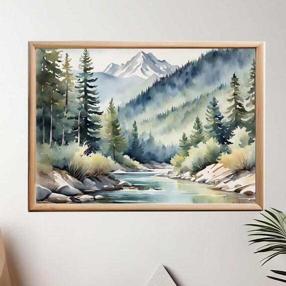Mountain River Evergreen Forest Peak Valley Watercolor Poster