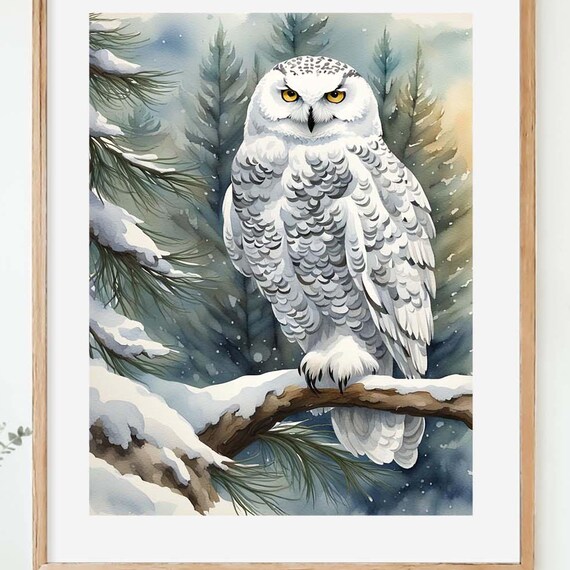Snowy Owl Winter Branch Watercolor Golden Eyes Wildlife Wall Art