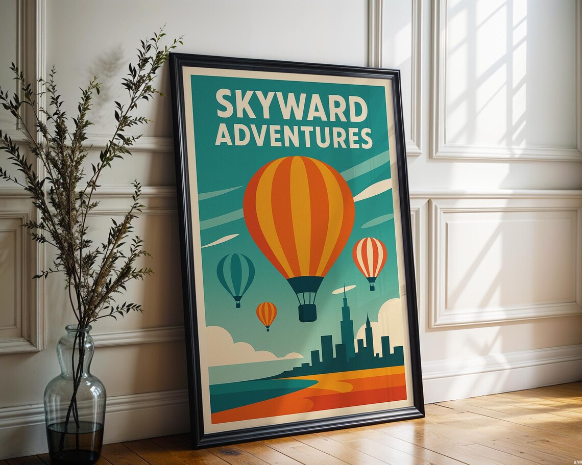 Skyward Adventures Hot Air Balloon Retro Travel Poster City Skyline