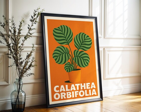 Calathea Orbifolia Botanical Poster Midcentury Burnt Orange Plant Wall Art In Retro Style