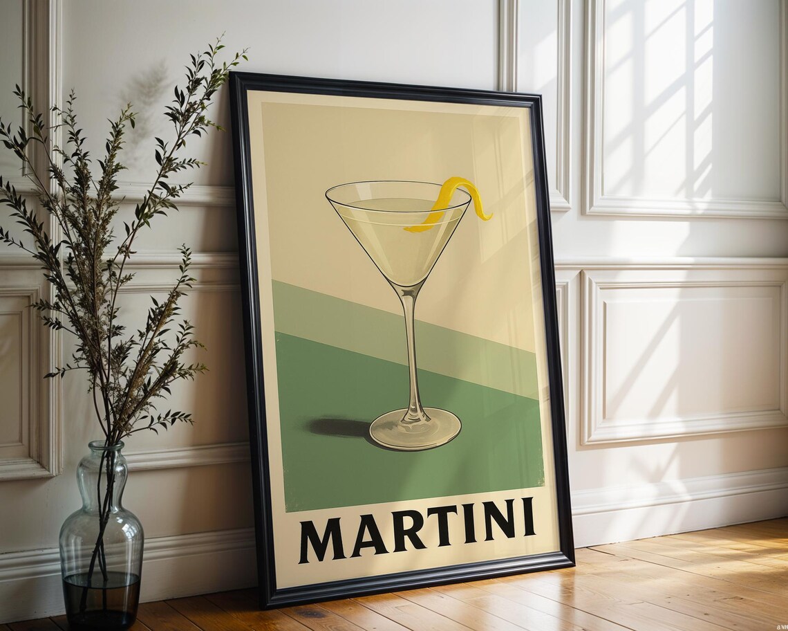 Retro Martini Cocktail Vintage Sage Green Kitchen Bar Wall Art