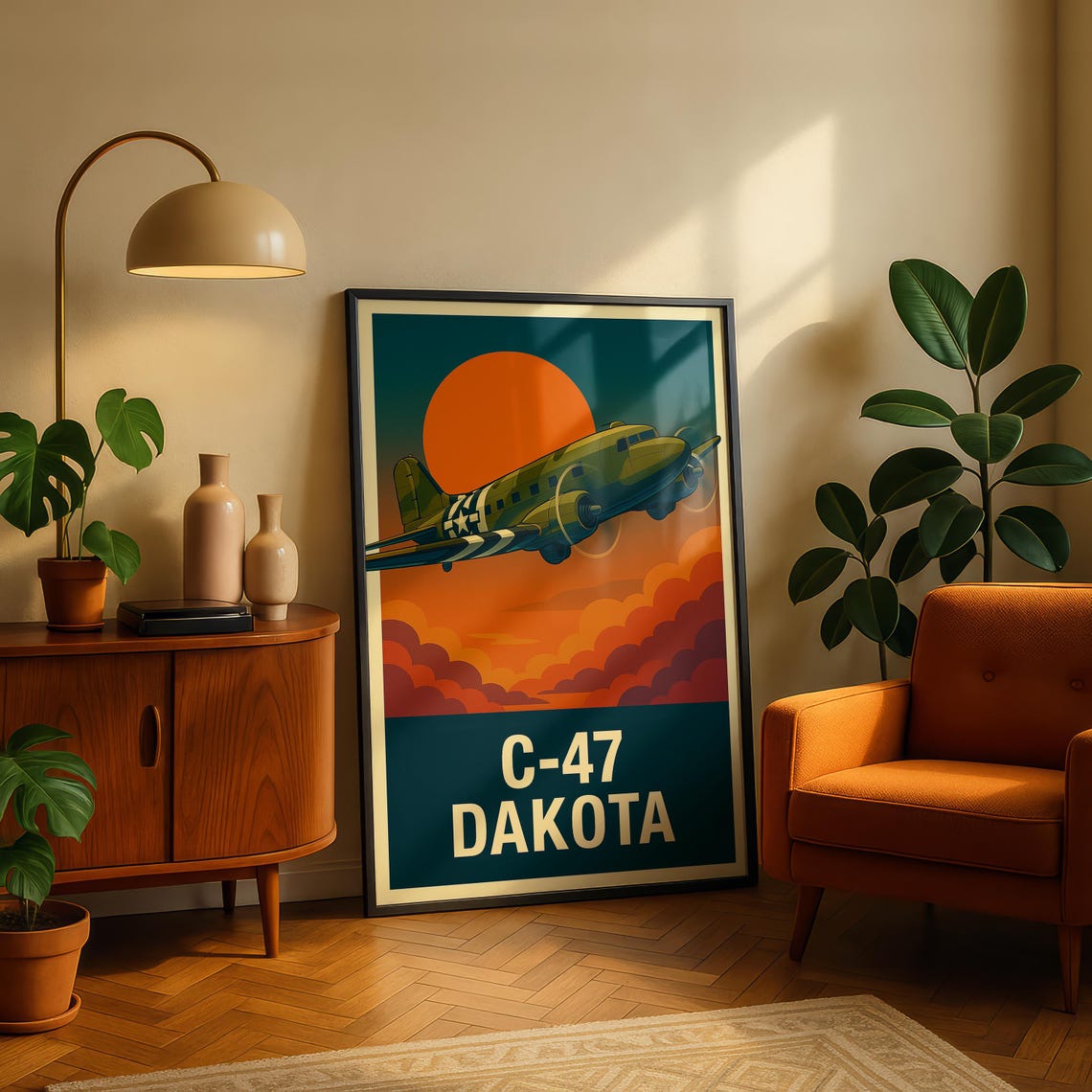 C-47 Dakota Military Transport Sunset Clouds Vintage Aviation Poster