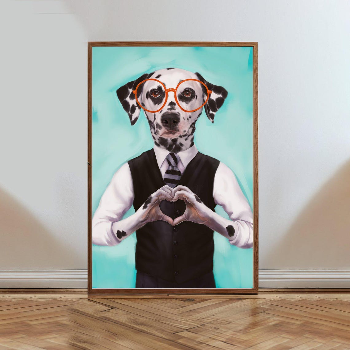 Dalmatian Dog in Vest and Glasses Making Heart Gesture Poster