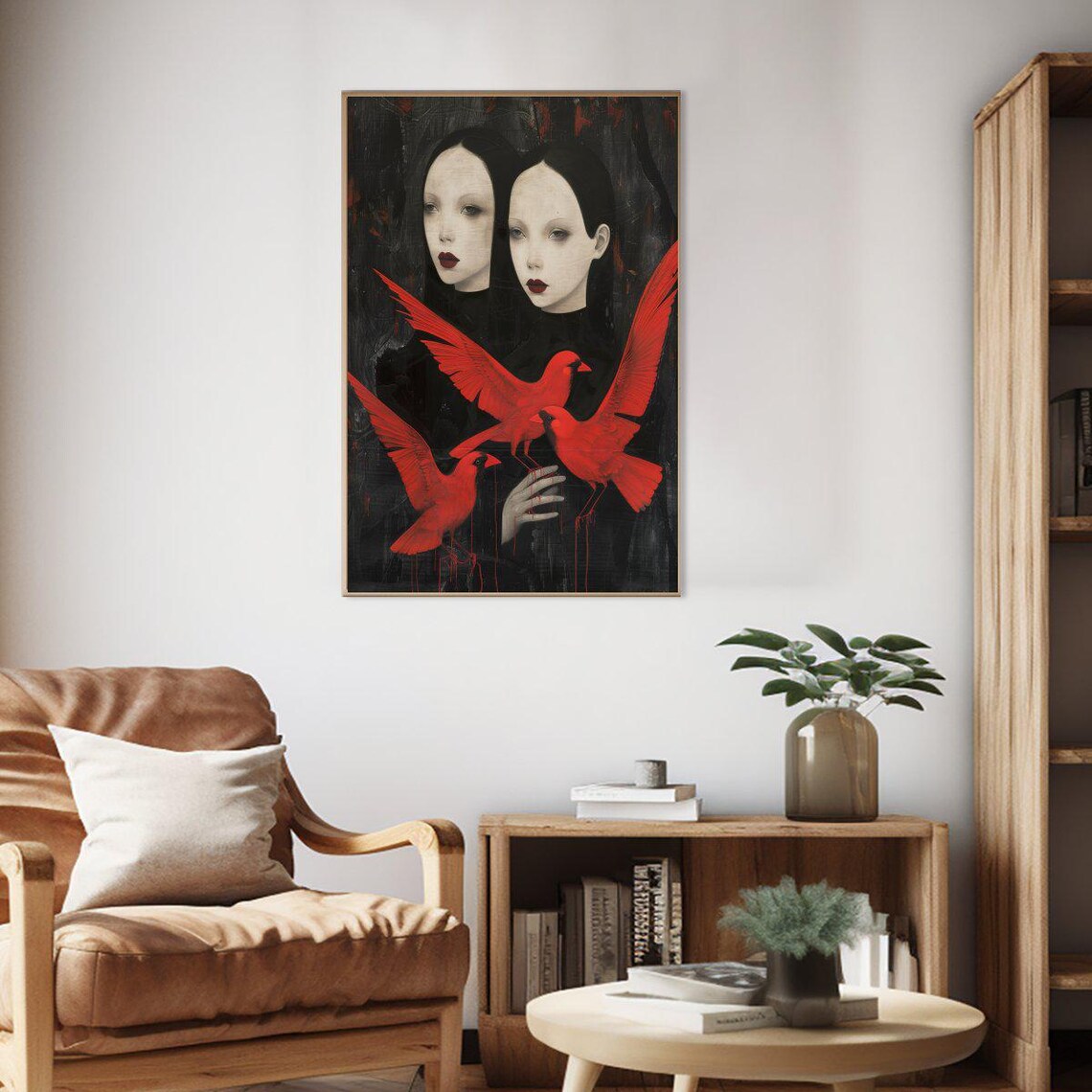 Dark Gothic Twin Women With Red Cardinals Surreal Fantasy Poster - Image 2