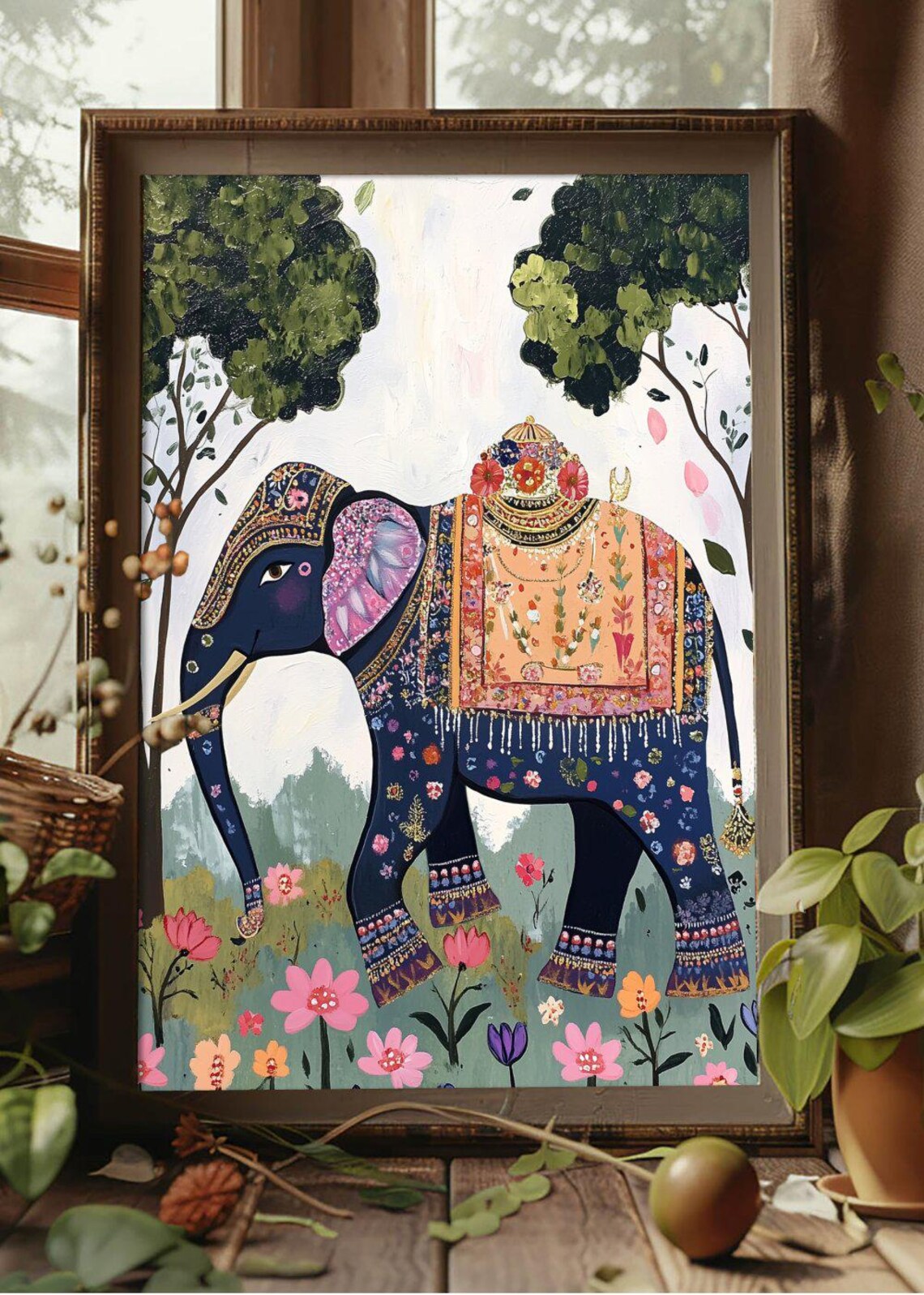 Decorated Dark Blue Elephant Indian Folk Art Floral Garden Poster - Image 2