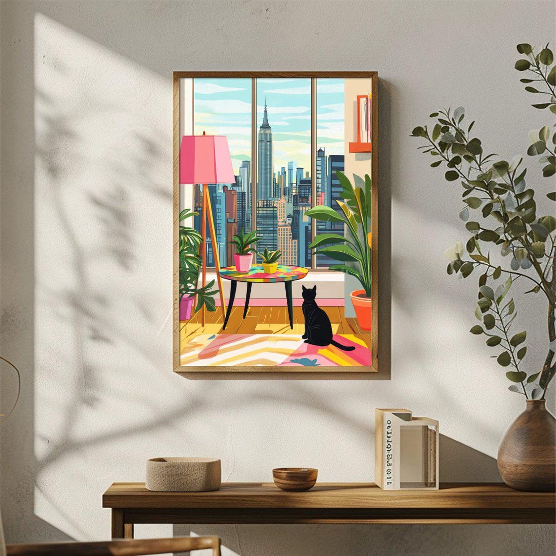 NYC Skyline Apartment Interior With Black Cat City Art Poster - Image 3