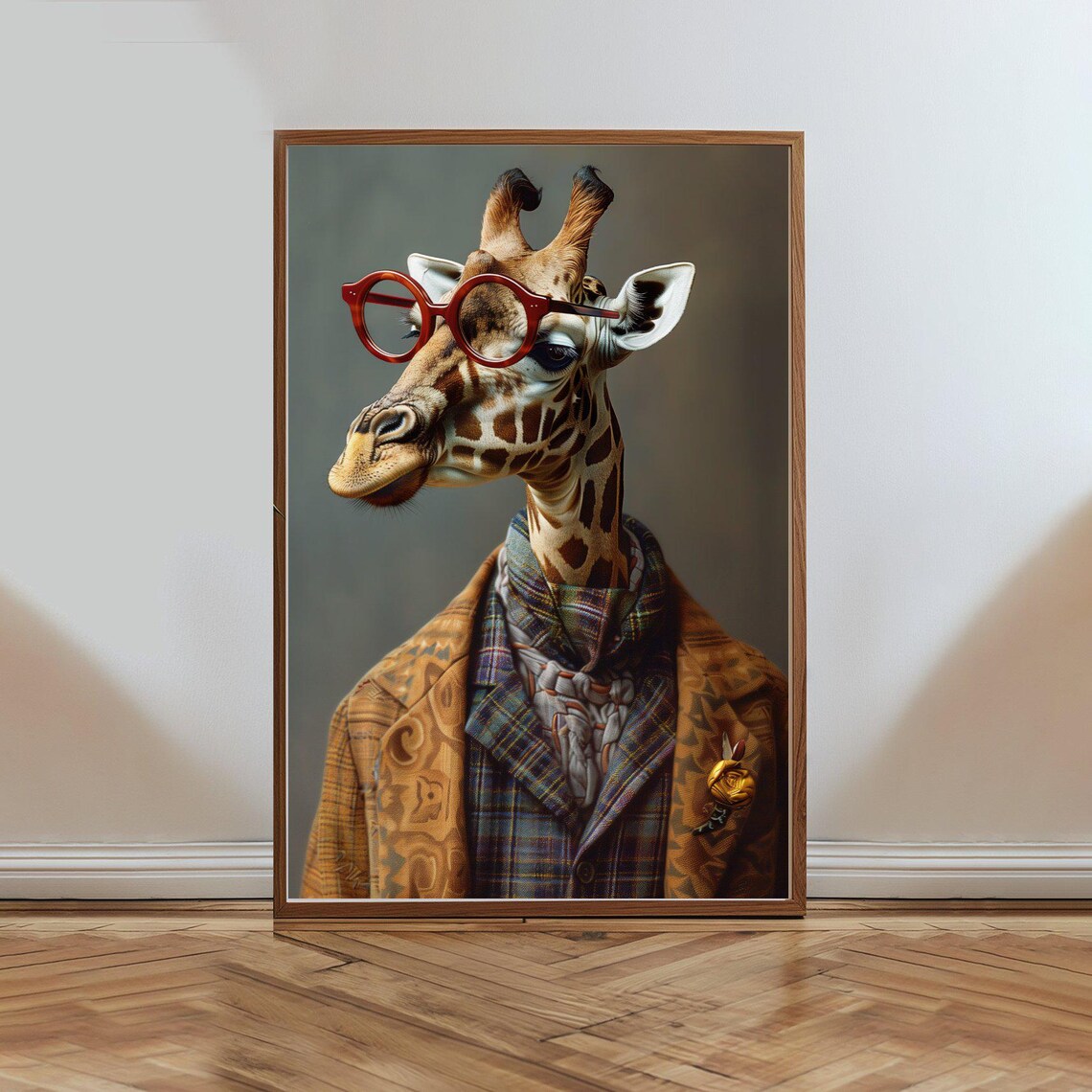 Giraffe Professor Red Glasses Vintage Coat Funny Animal Portrait Poster