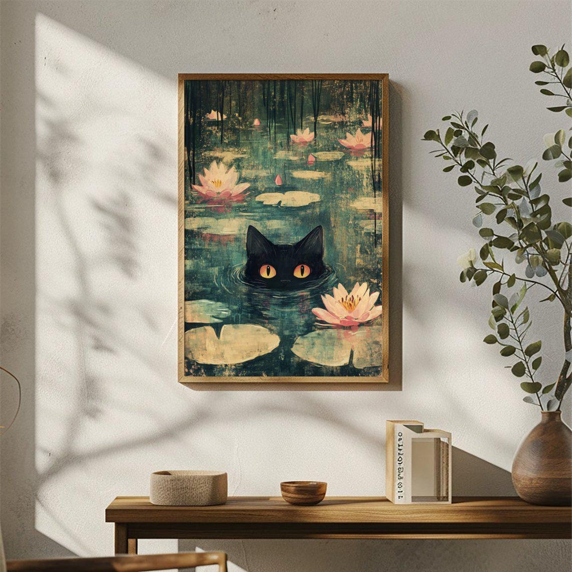 Black Cat Night Pond Water Lily Whimsical Amber Eyes Moon Poster - Image 3