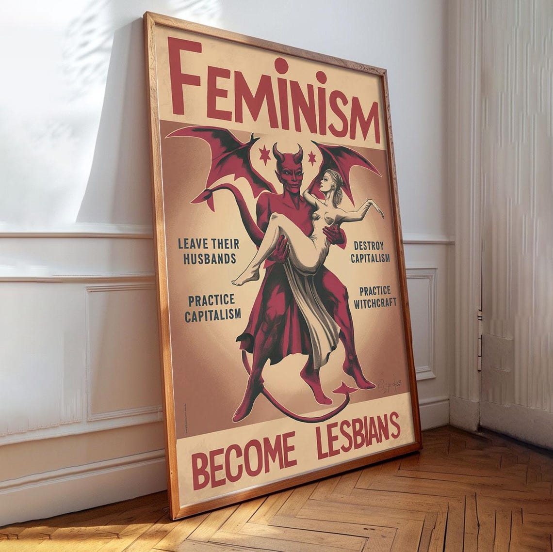 Feminism Become Lesbians Vintage Satirical Red Devil Parody Art Poster - Image 2