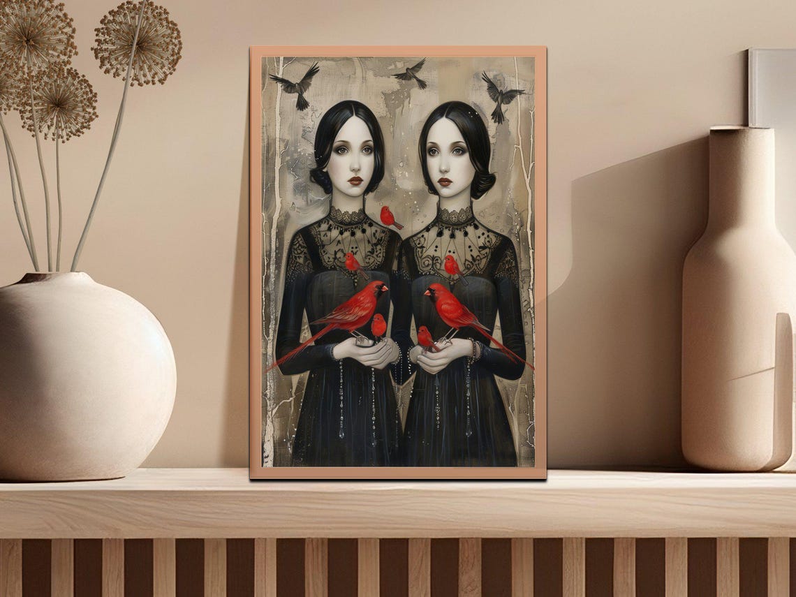 Gothic Twin Sisters Red Cardinals Dark Fantasy Portrait Art Poster - Image 2