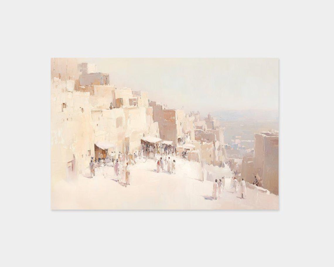 Sunlit Old Town Street Whitewashed Buildings Watercolor Art Poster - Image 2
