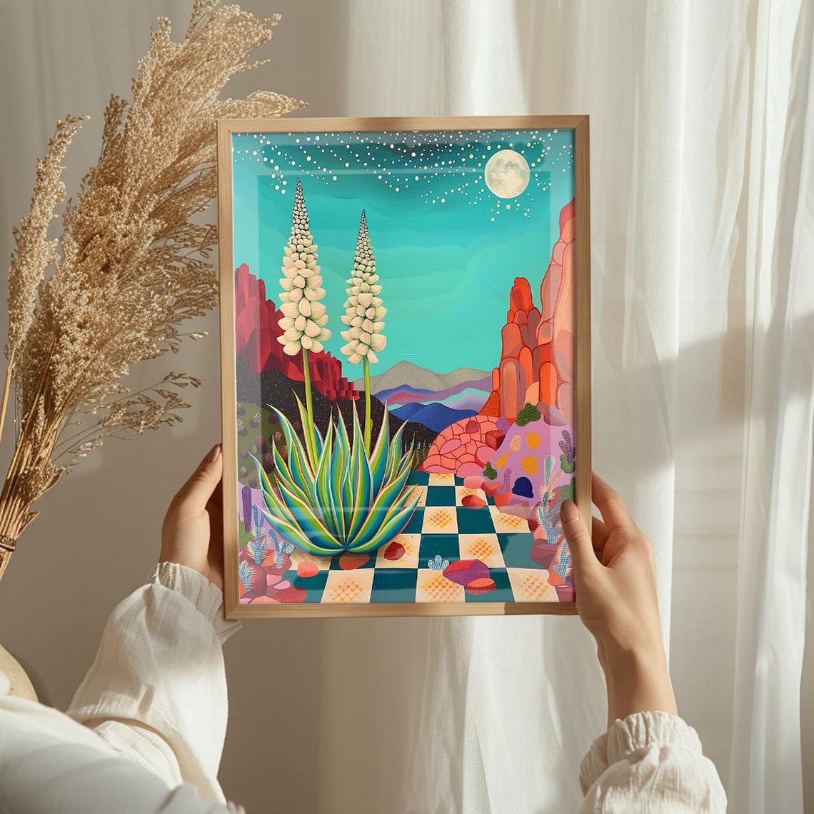 Desert Moon Night Surreal Agave Checkerboard Landscape Poster - Image 3
