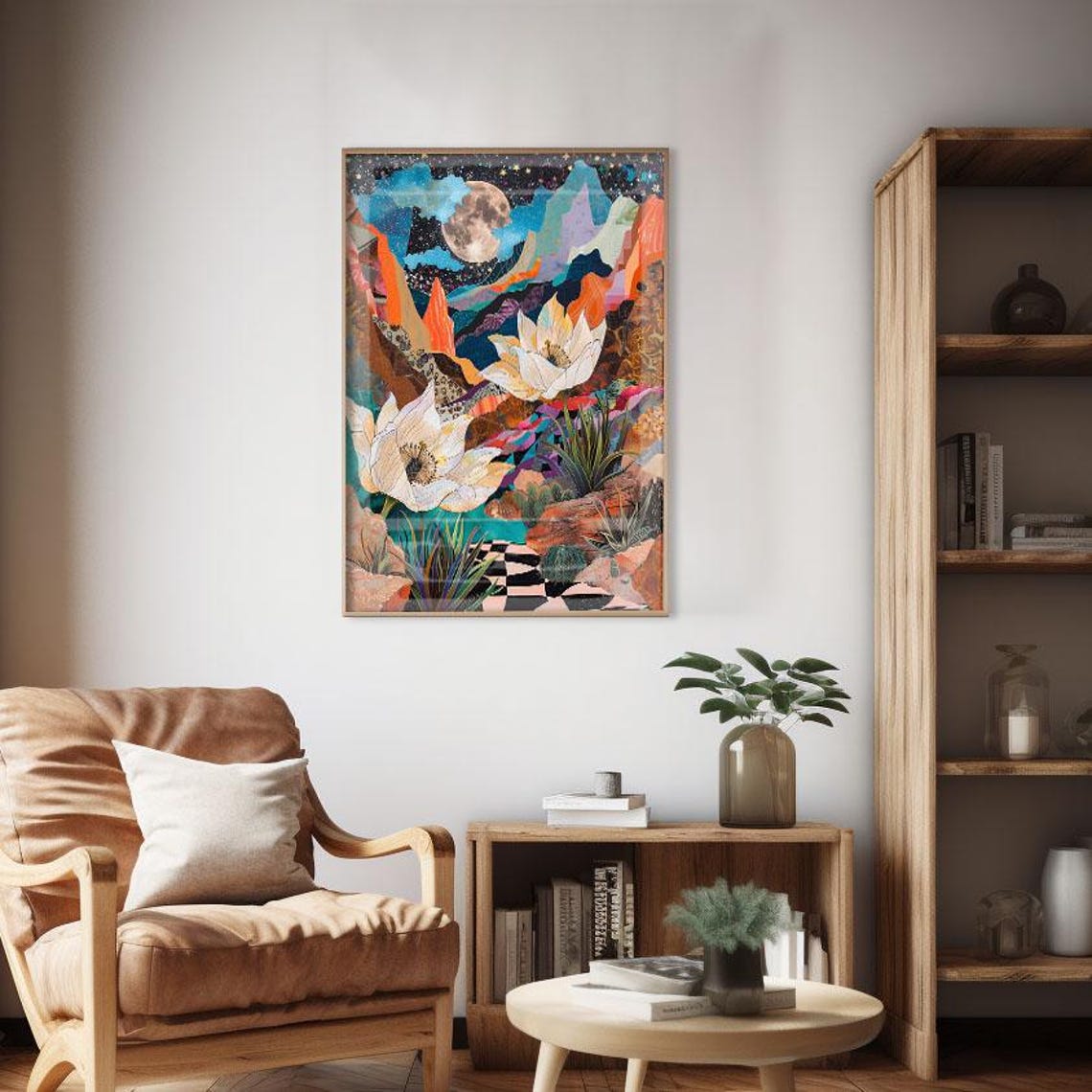 Dreamy Surreal Desert Dreamscape Giant Poppies Moon Collage Poster - Image 2