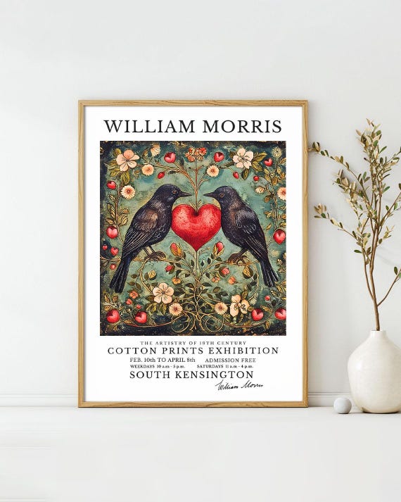 William Morris Posters Two Black Birds And A Heart Art Print Vintage Exhibition Wall Deco William Morris Exhibition Poster
