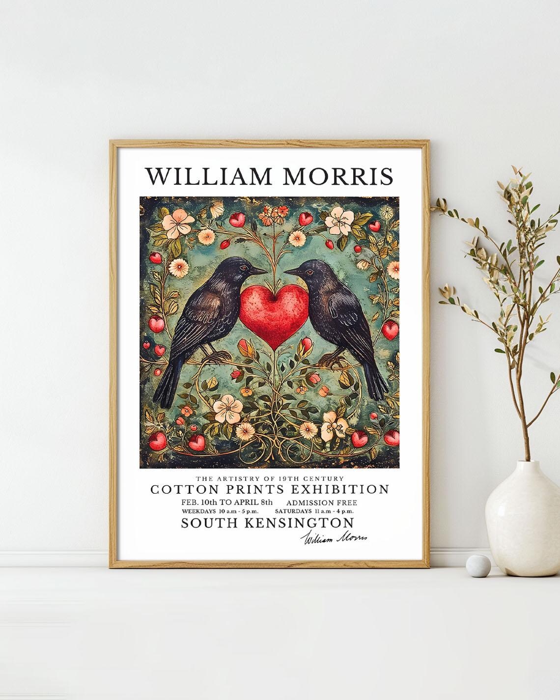 William Morris Two Black Birds Red Heart Cotton Prints Exhibition Poster