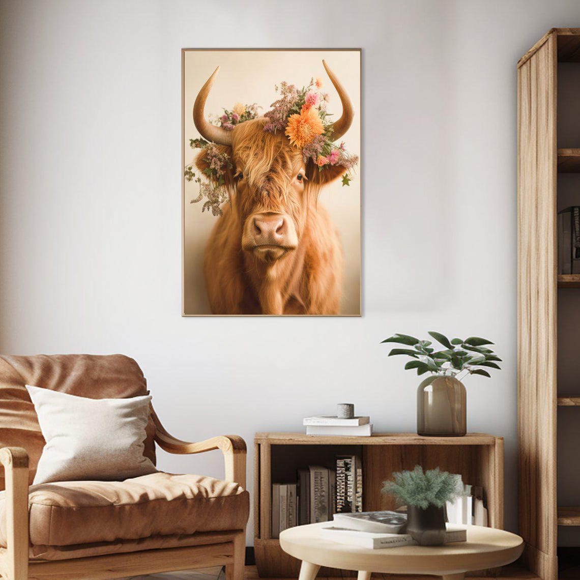 Highland Cow Flower Crown Cute Scottish Farm Animal Portrait Poster - Image 2