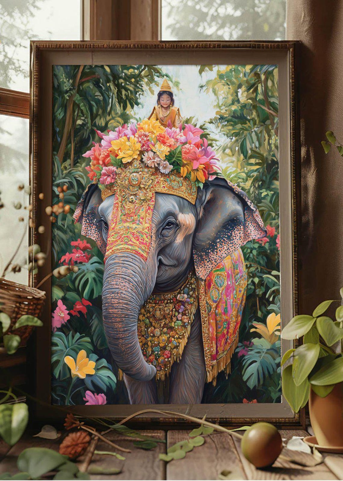 Flower Crown Elephant In Jungle Exotic Decorative Art Poster - Image 2