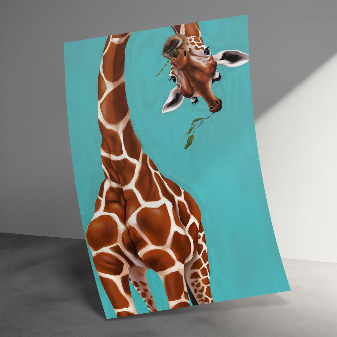 Upside Down Giraffe Face Teal Background Whimsical Animal Poster - Image 3