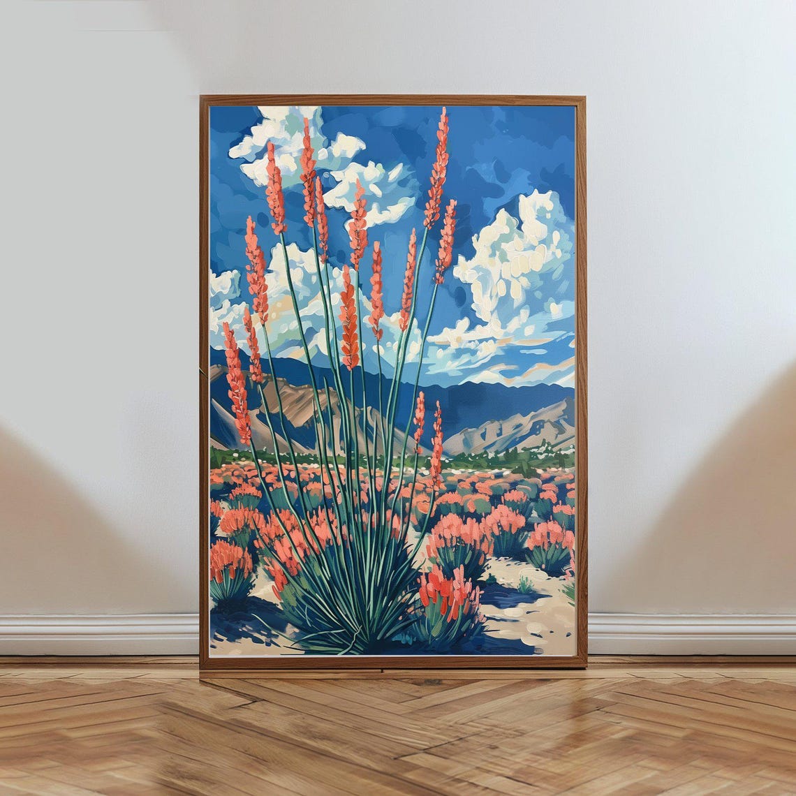 Desert Bloom Coral Flowers Blue Sky Mountains Botanical Art Poster