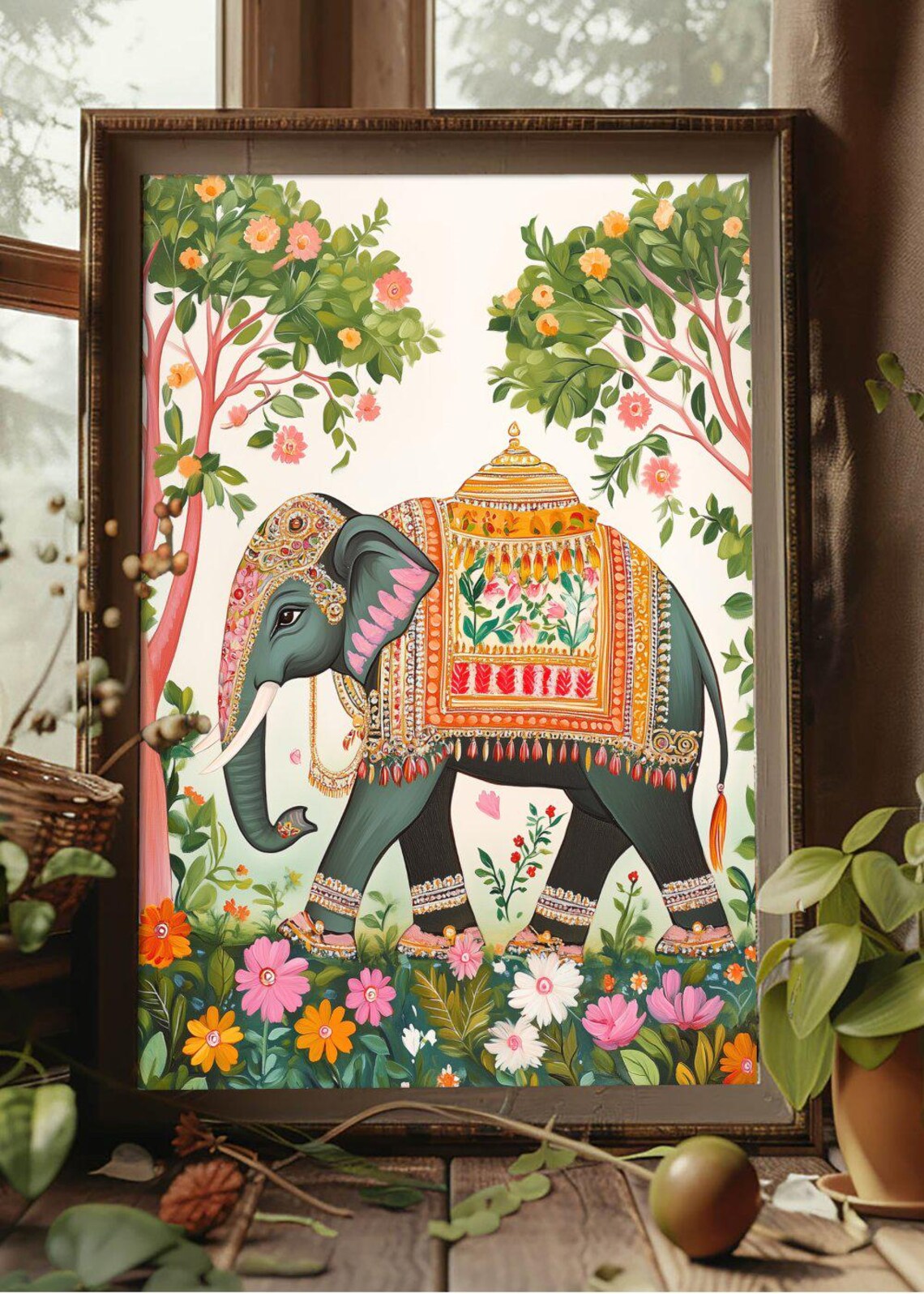 Decorated Indian Festival Elephant Flower Garden Folk Poster - Image 2