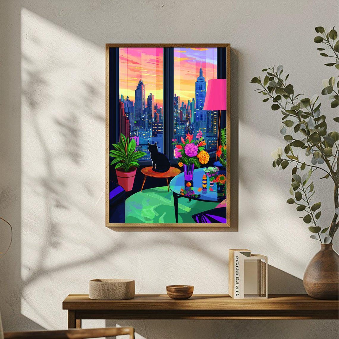 Neon Black Cat Apartment Window Vibrant New York Sunset Poster - Image 3