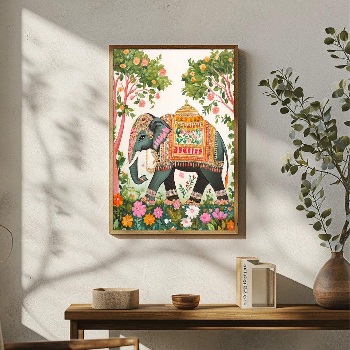 Decorated Indian Festival Elephant Flower Garden Folk Poster - Image 3