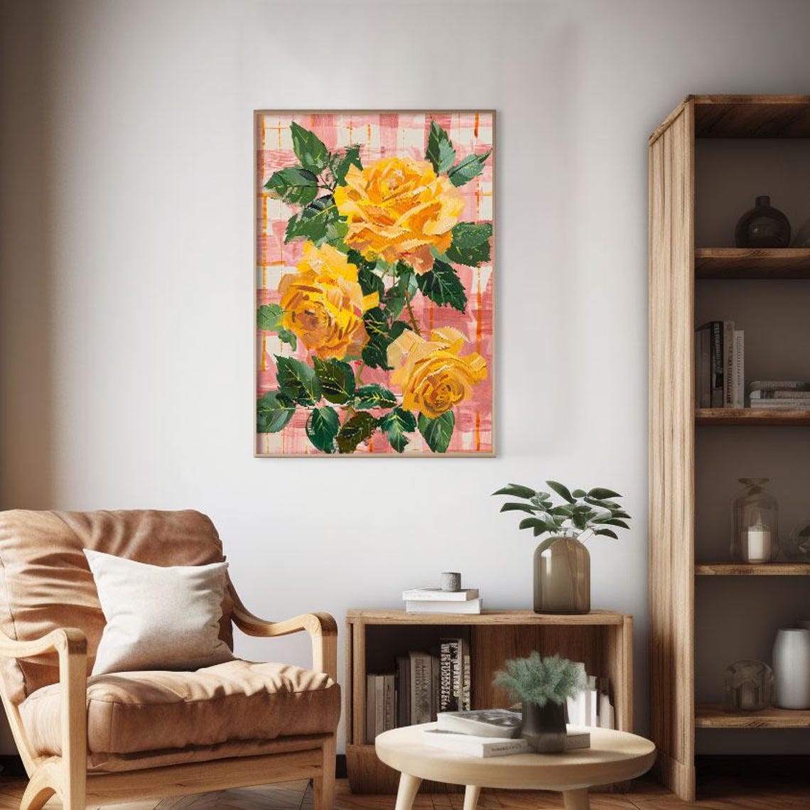 Bright Golden Roses On Pink Gingham Impasto Floral Painting Poster - Image 2