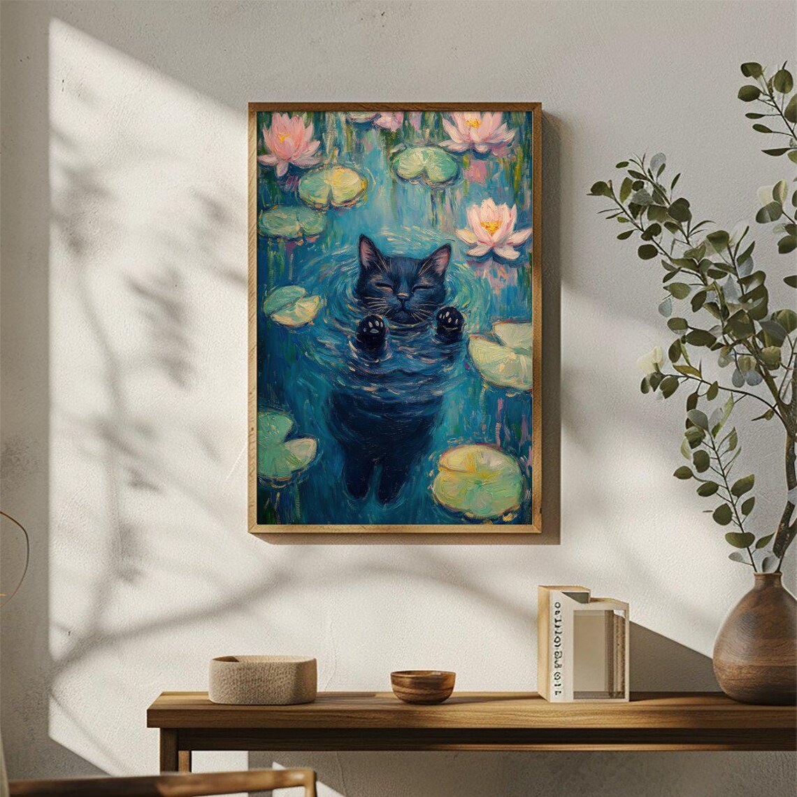 Cute Cat Floating In Water Lilies Art Print Cat Lover Illustration Whimsical Decoration Wall Art Decor - Image 3