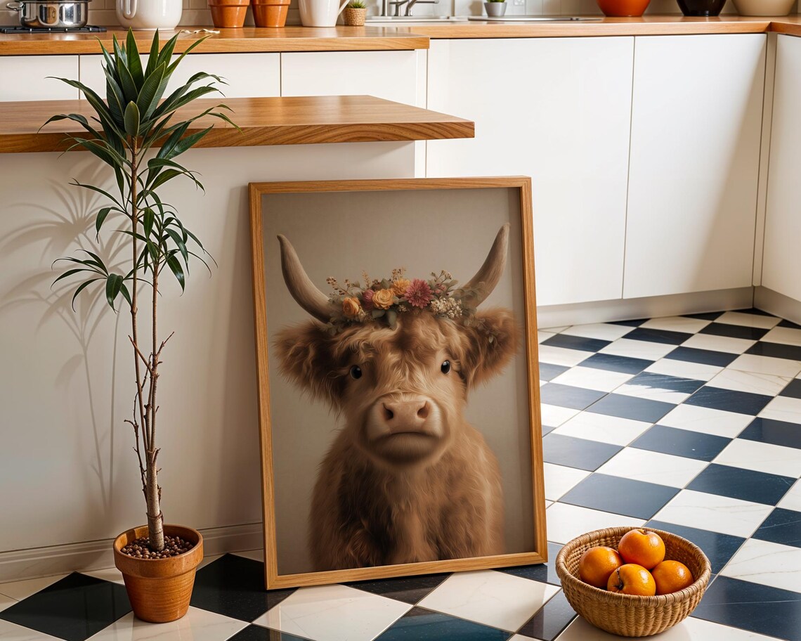 Highland Cow with Flower Crown Farmhouse Portrait Art Poster