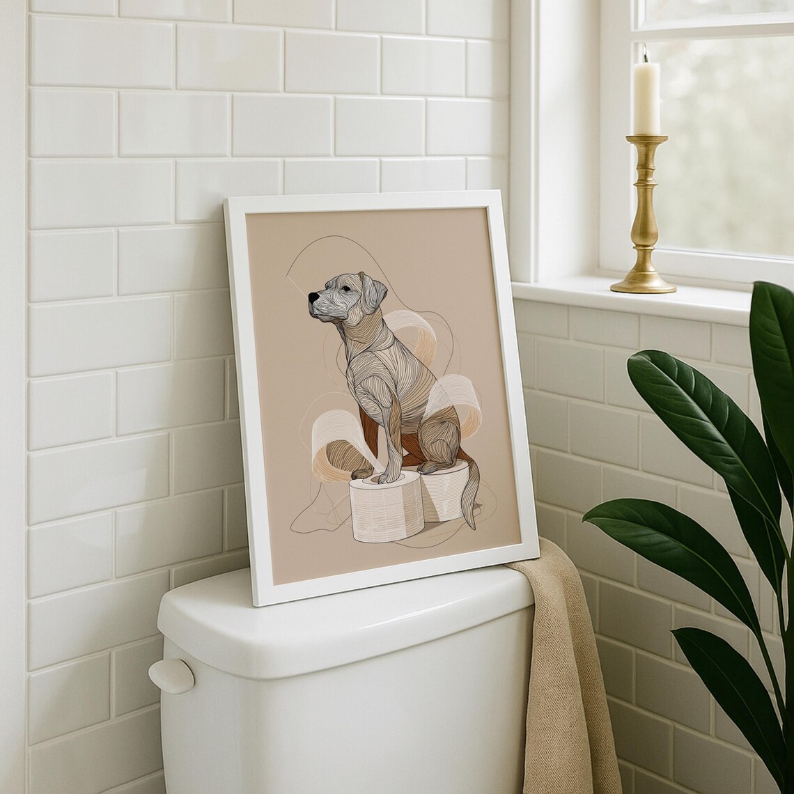 Funny Dog Sitting on Toilet Paper Minimalist Bathroom Wall Print