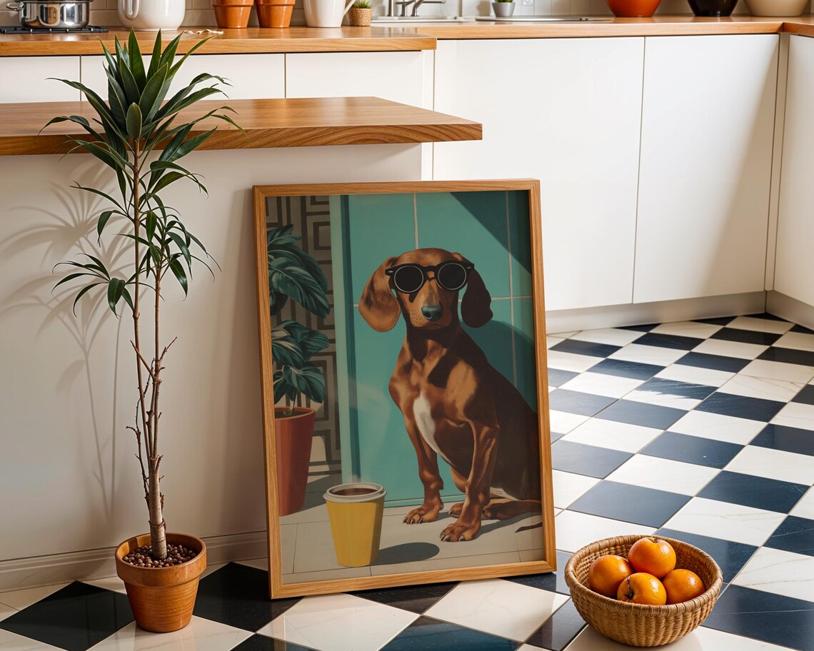 Cool Dachshund Wearing Sunglasses With Coffee Retro Dog Poster
