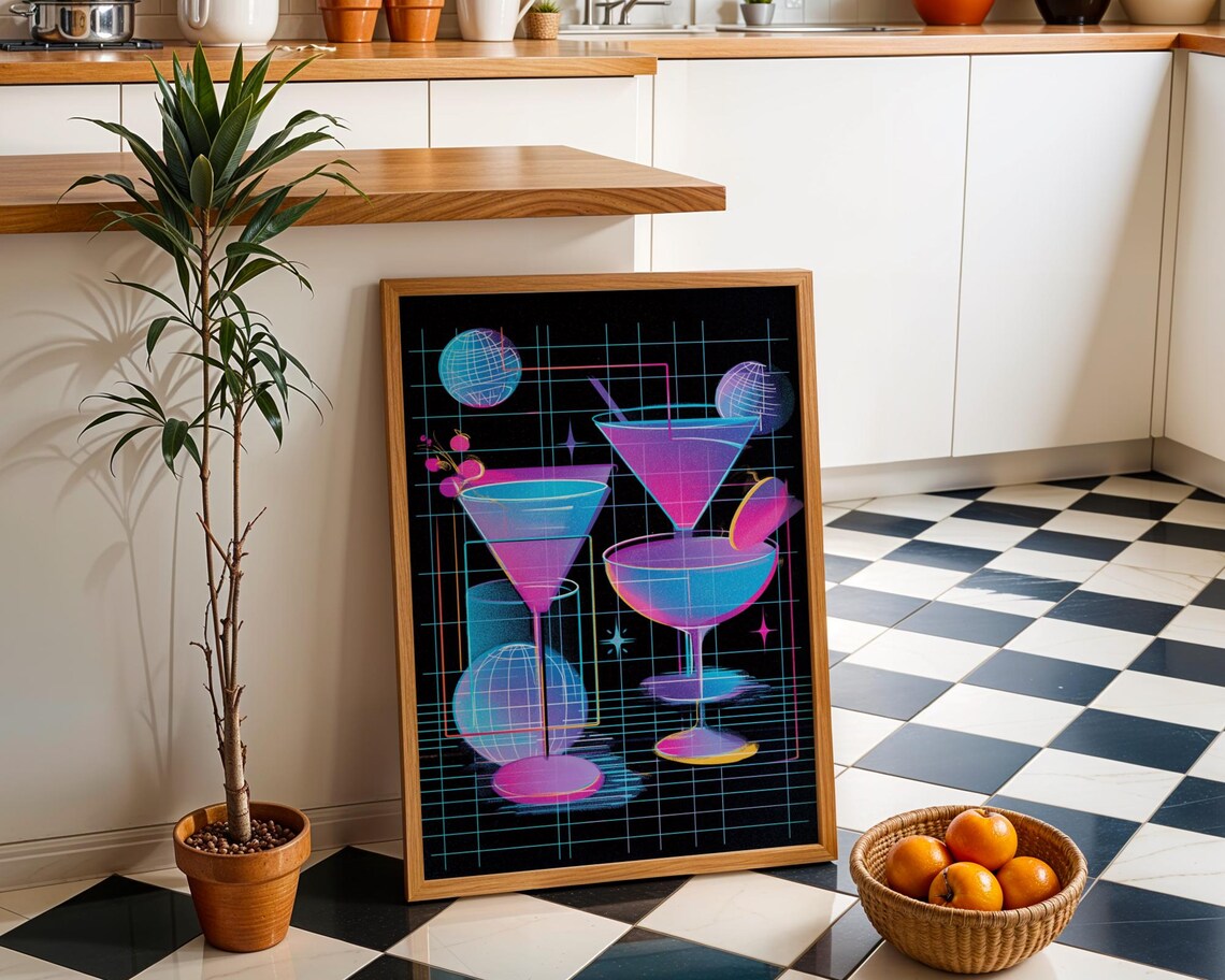 Electric Neon Cocktail Glasses Retrowave Grid 80s Bar Party Wall Art