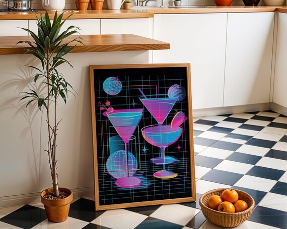 Electric Neon Cocktail Glasses Retrowave Grid 80s Bar Party Wall Art