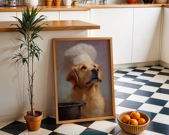 Chef Dog Art Print Golden Retriever Cooking Wall Funny Kitchen Dcor Whimsical Illustration Cute Culinary Artwork