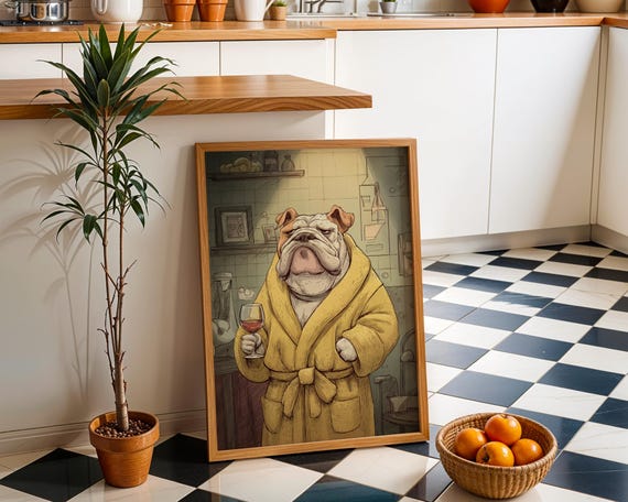 Wine Bulldog Art Print Funny Dog Drinking Wall Relaxing Illustration In Robe Whimsical Animal Dcor Fun Bar Artwork