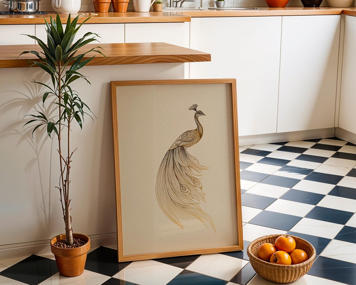 Minimalist Peacock Line Art Print, Modern Boho