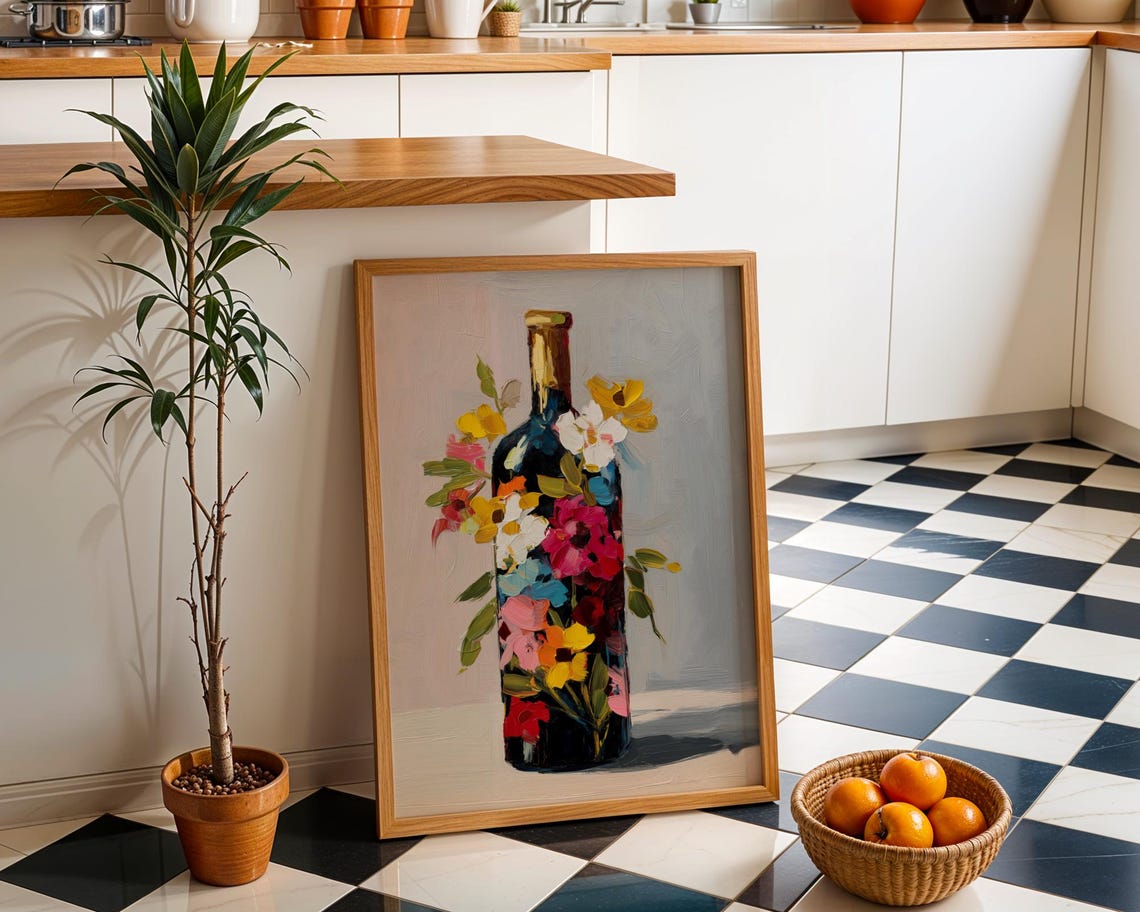 Colorful Wine Bottle Floral Impressionist Still Life Painting Poster