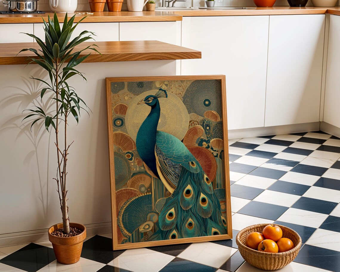 Art Deco Peacock, Elegant Gold Teal Bird Art Print