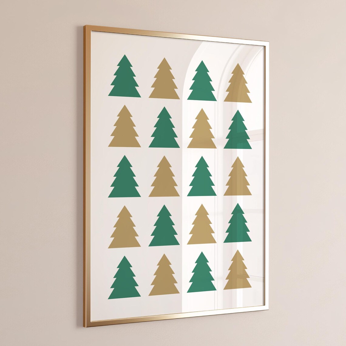 Green Gold Christmas Tree Grid Pattern Modern Minimalist Holiday Poster