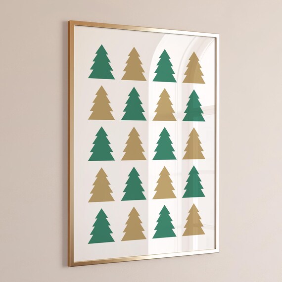Green Gold Christmas Tree Grid Pattern Modern Minimalist Holiday Poster