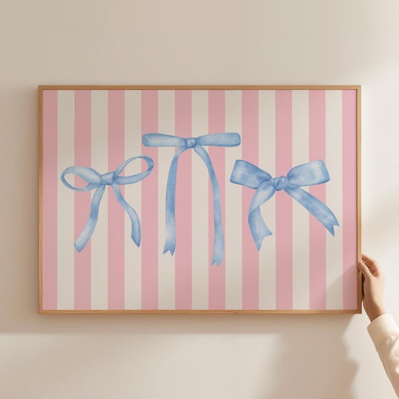 Coquette Room Decor Blue Bow Print Trendy Preppy Apartment Cute Nursery Girly Wall Art