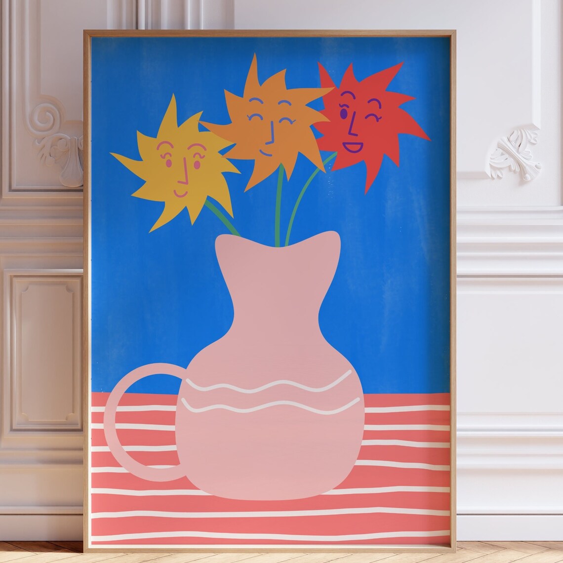 Smiling Sun Flowers in Pink Jug Colorful Modern Living Room Poster